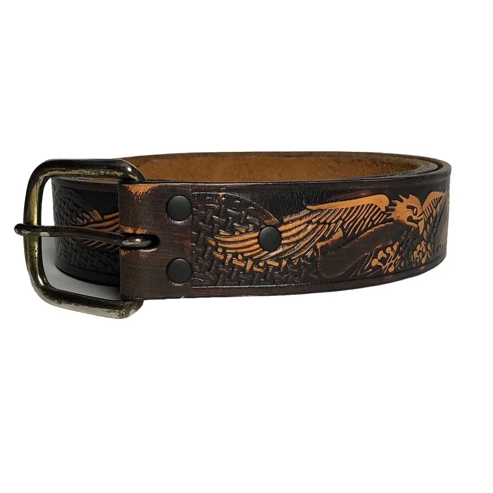 VTG Wrangler Belt Mens‎ 44 Tooled Genuine Leather American Bald Eagle Brown